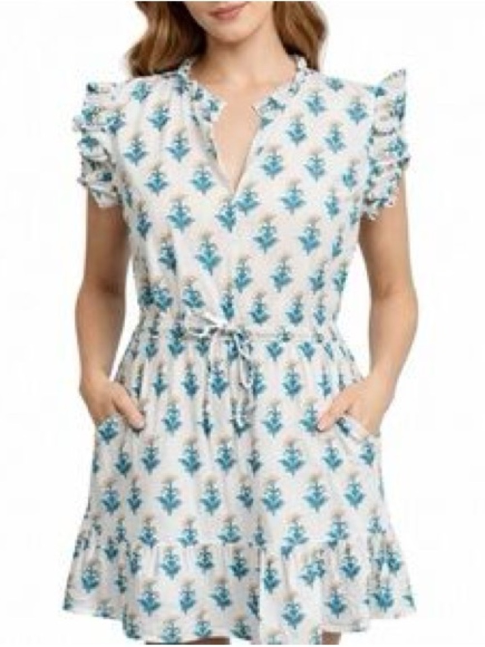 Madison Mathews Blue Botanical Print Flutter Sleeve Mini Dress